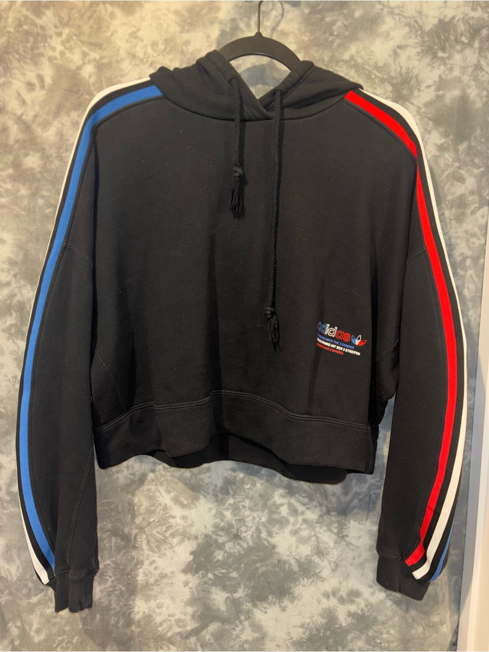 adidas Black Cropped Hoodie with Red & Blue Sleeve Stripes